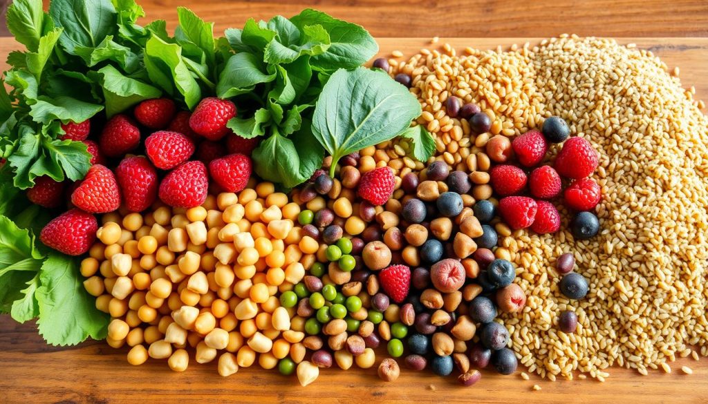fiber-rich fruits, vegetables, legumes, whole grains